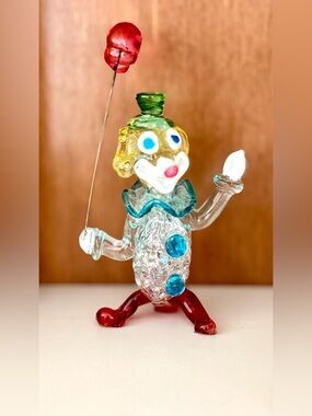 Vintage Multicolor Spun Glass Circus Clown Figurine Holding a Balloon 4.5”T EUC